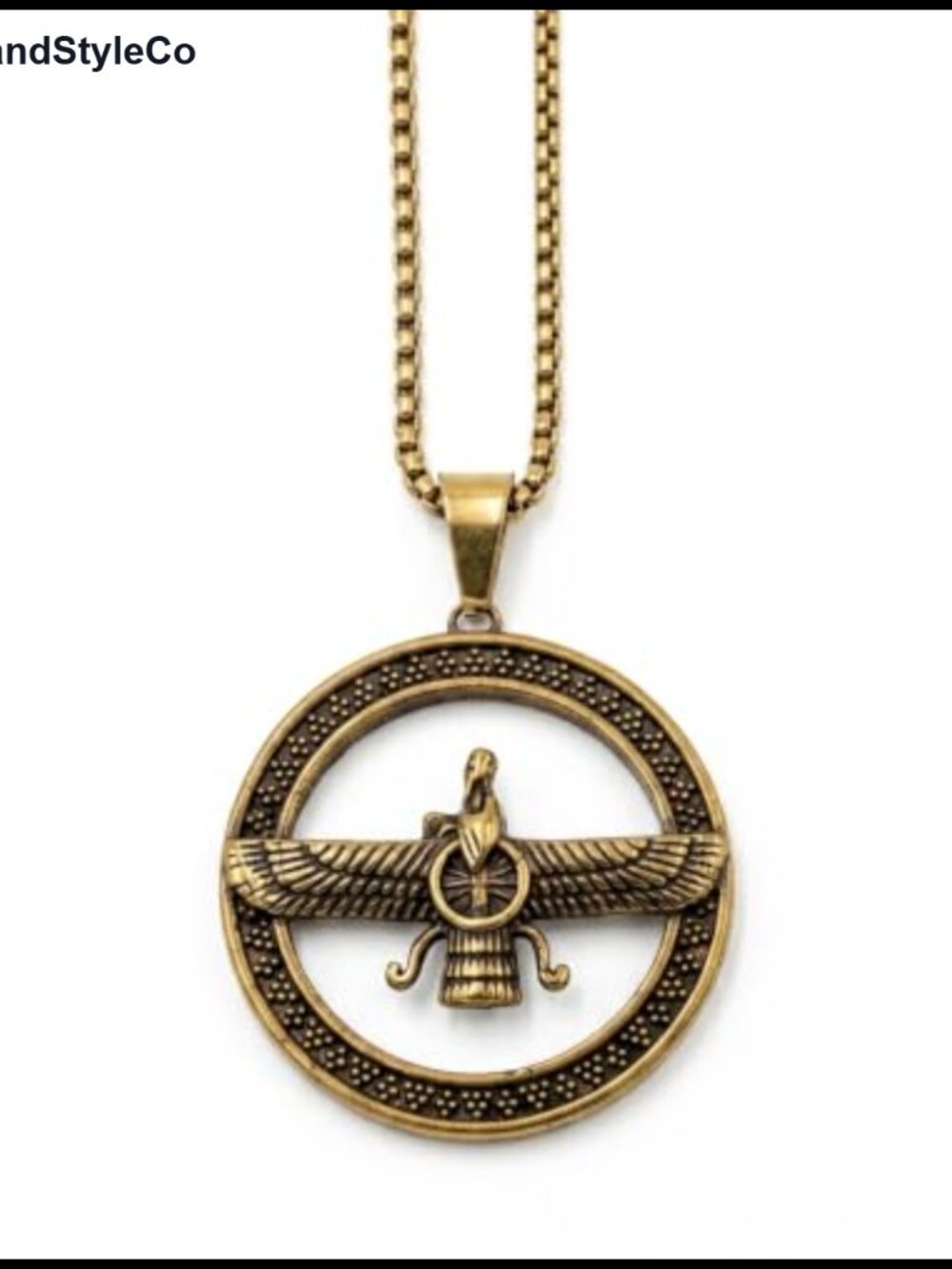 Vintage Farvahar Pendant Necklace Antique Gold Stainless Steel Zoroastrian Rolo